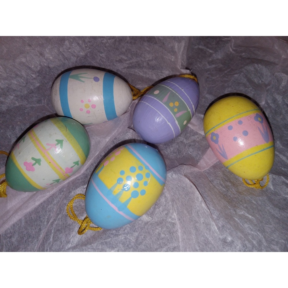 Vintage Small Hand Painted Wood Easter Egg Tree Ornament Decoration Set of 5